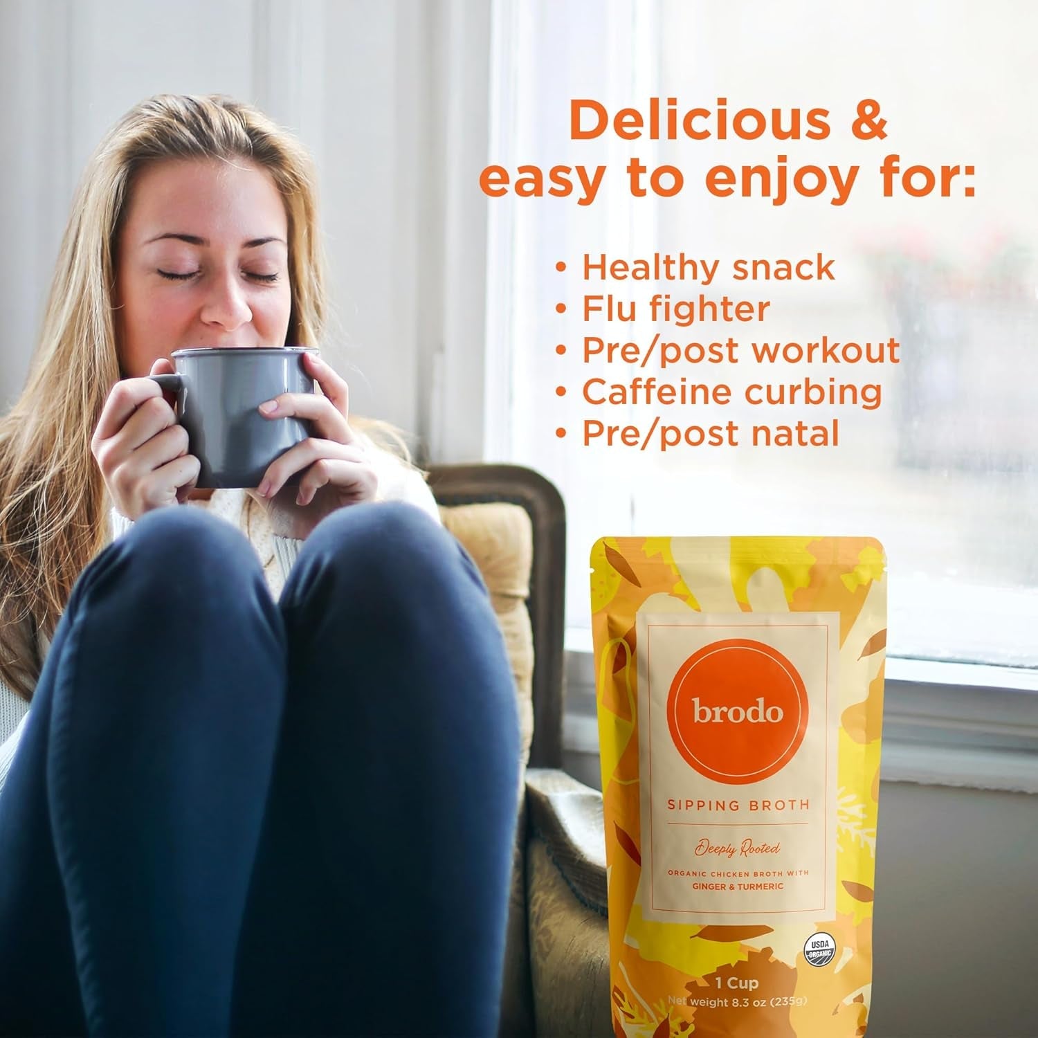 Brodo Deeply Rooted Organic Chicken Broth with Turmeric & Ginger, Nutrient-Rich Chicken Bone Broth Organic, High in Protein and Collagen for Wellness and Cooking, (6X 8.3 Oz. Pouches)