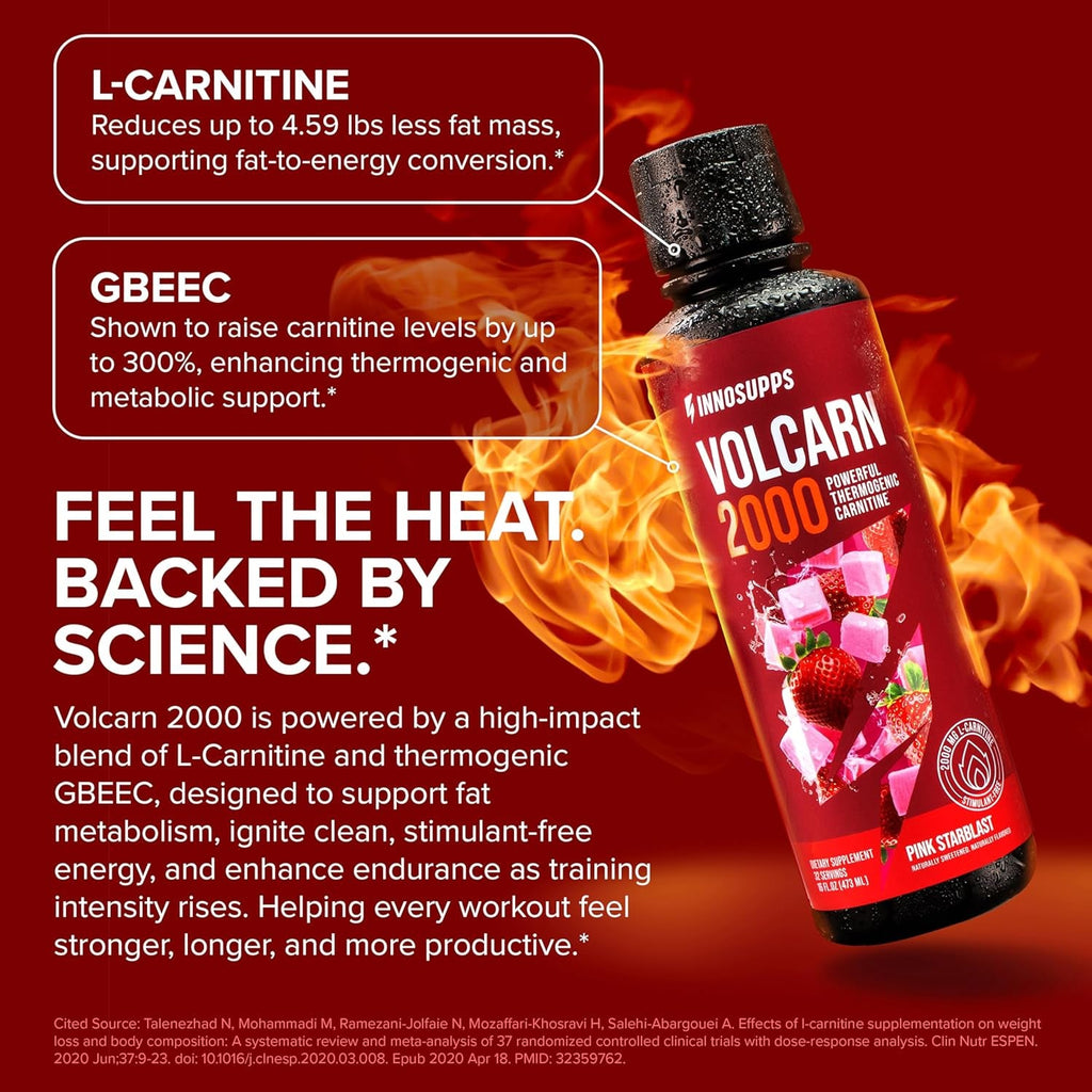 Innosupps Volcarn 2000 - L-CARNITINE Pre-Workout Advanced Energy Liquid ATP Enhancer W/Gbeec Boosts Energy, Enhances Focus, Cognition & Supports Fat Metabolism, 32 Servings - Pink Starblast Flavor