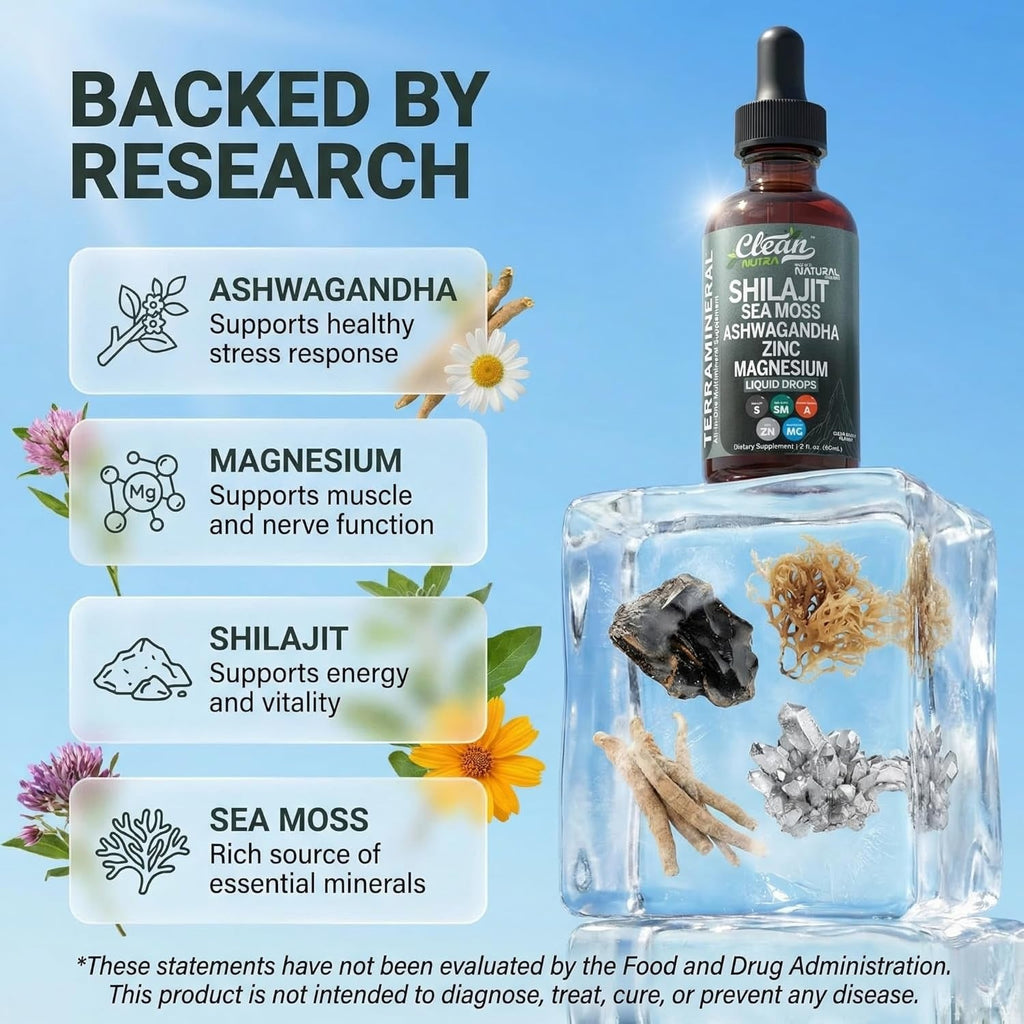 Clean Nutraceuticals Shilajit Drops Liquid | Shilajit Supplement for Men Women with Sea Moss Ashwagandha Zinc Magnesium Boron Fulvic Acid – Himalayan Shilajit Energy Vitality Stamina – 2Oz