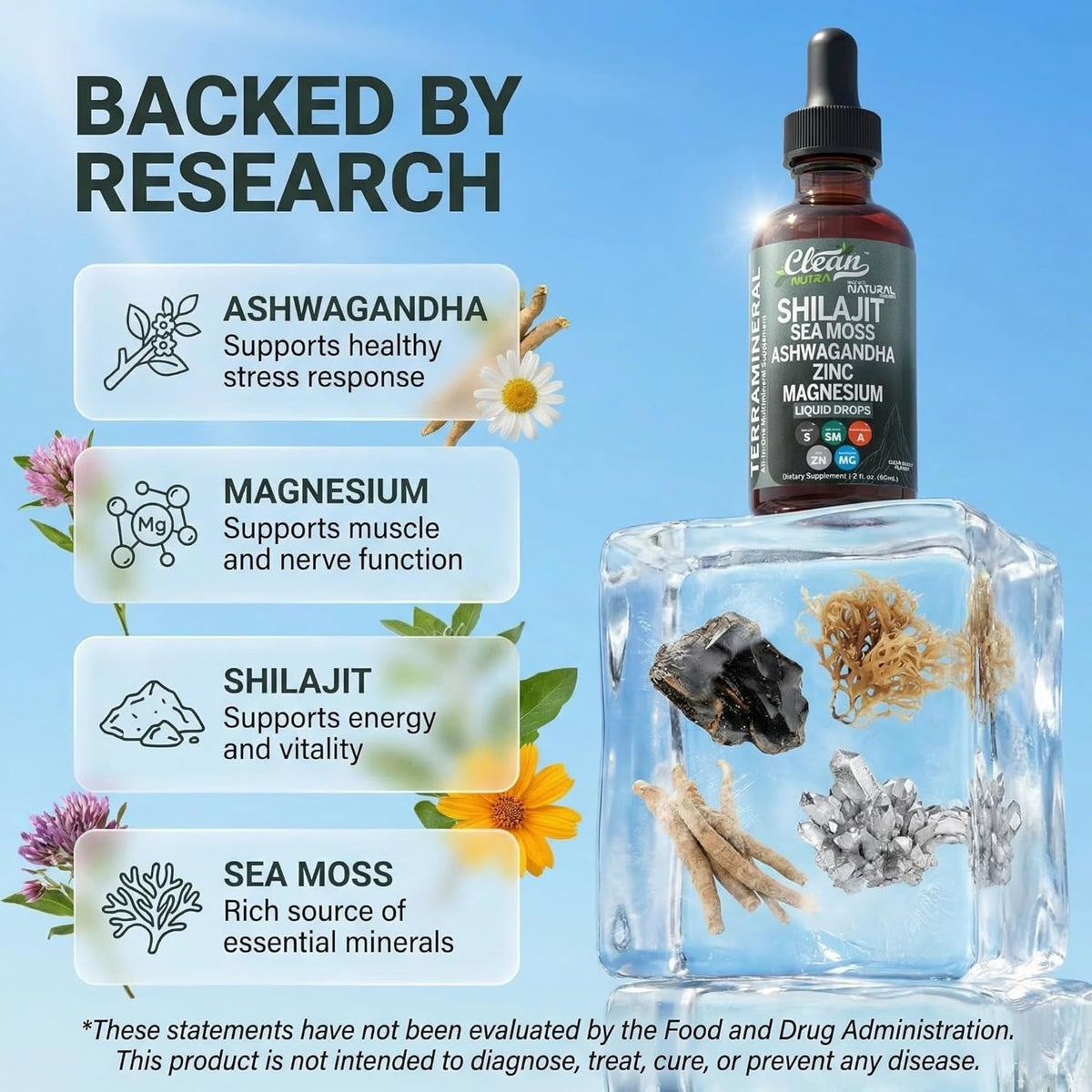 Clean Nutraceuticals Shilajit Drops Liquid | Shilajit Supplement for Men Women with Sea Moss Ashwagandha Zinc Magnesium Boron Fulvic Acid – Himalayan Shilajit Energy Vitality Stamina – 2Oz