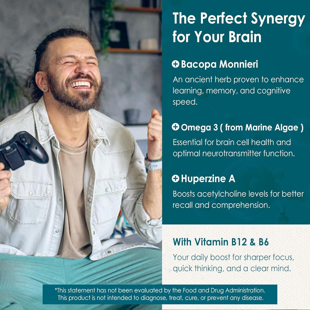 Phosphatidylserine - Nootropic Brian Supplement, Focus & Energy Gummies+ Bacopa Monnieri, Omega 3, Huperzine A, Methyl B12 & B6 for Seniors, Gamers, Workers, Non-Gmo, Caffeine-Free, Sugar Free, 2 Pack