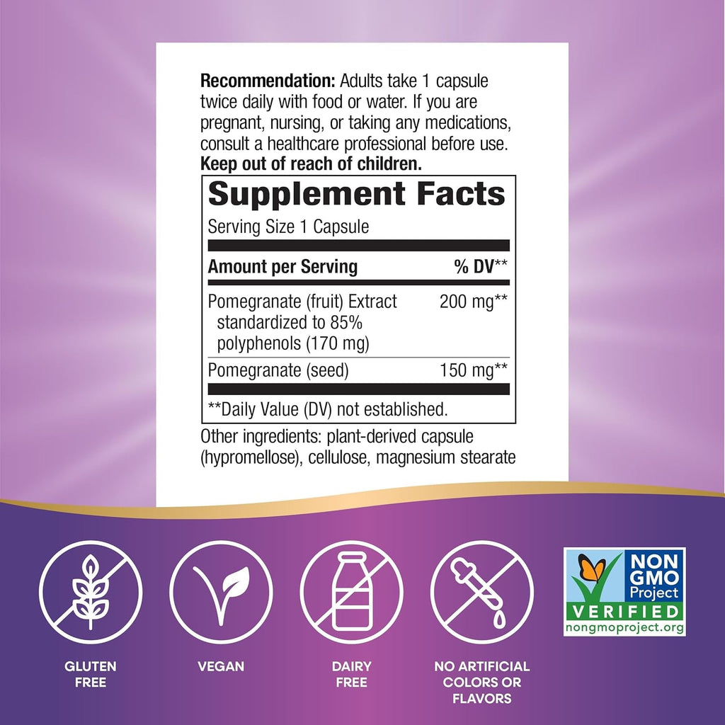 Nature'S Way Pomegranate, Supports Antioxidant Activity*, Standardized Extract, 350 Mg per Serving, Non-Gmo Project Verified, Vegan, 60 Capsules (Packaging May Vary)