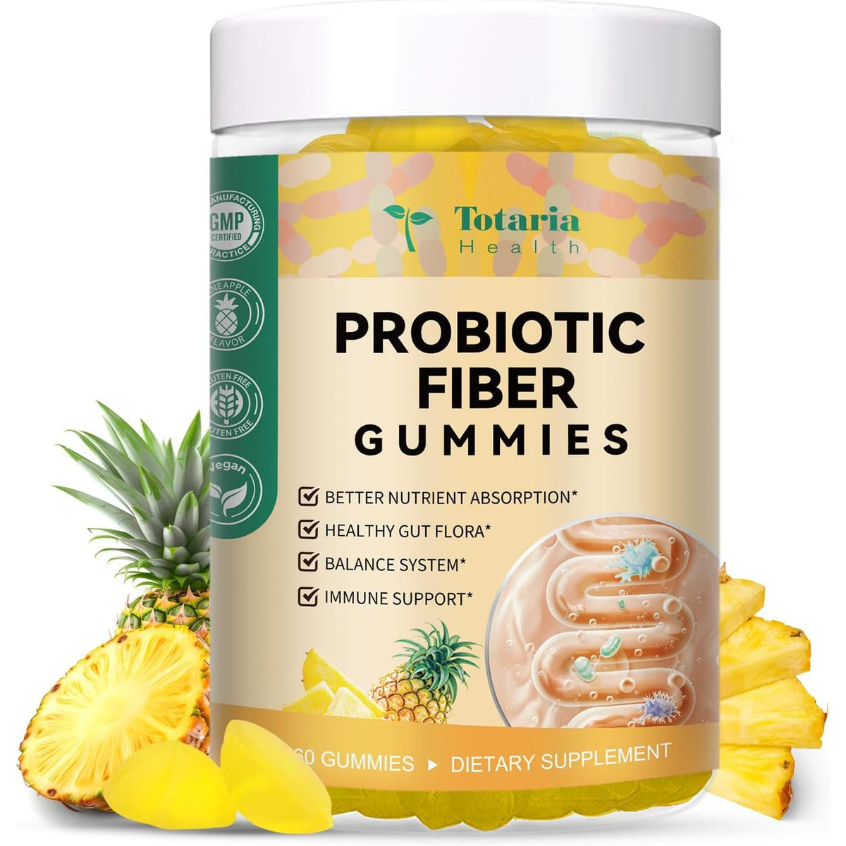 9-In-1 Probiotic Prebiotic Fiber Gummies for Adults & Teens, Fiber Supplement Pro with 5 Billion CFU Bacillus Coagulans, Psyllium Husk, FOS, Inulin, ACV for Digestion & Gut, 60 Vegan Pineapple Gummies