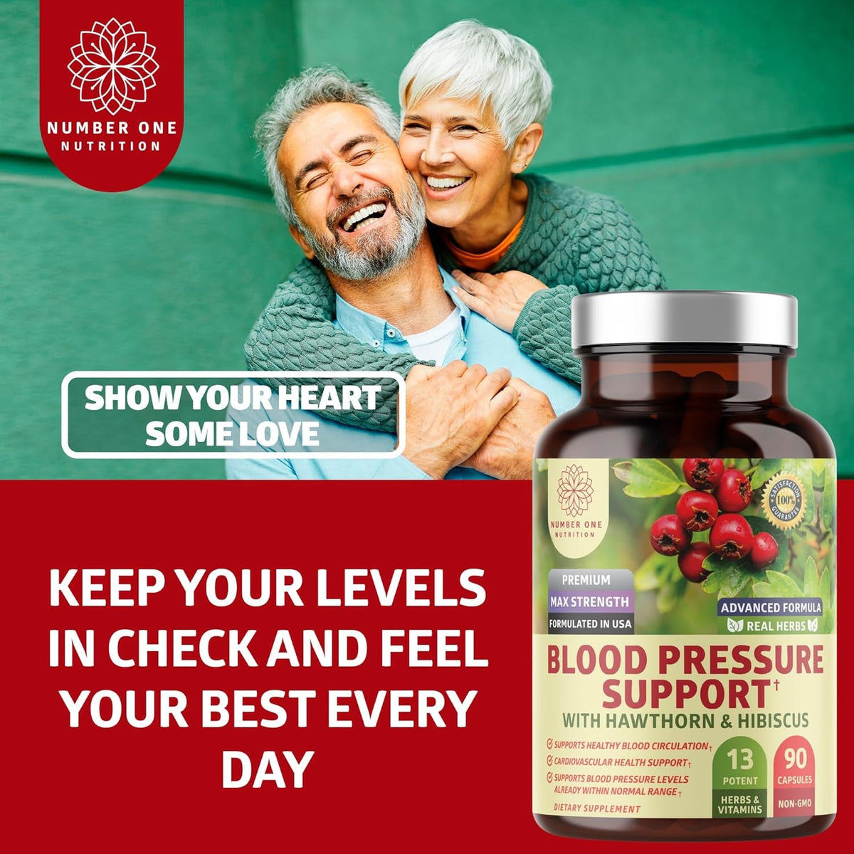 N1N Premium Blood Pressure Support with Hawthorn and Hibiscus, Natural Supplement to Support Blood Flow Health, 90 Caps