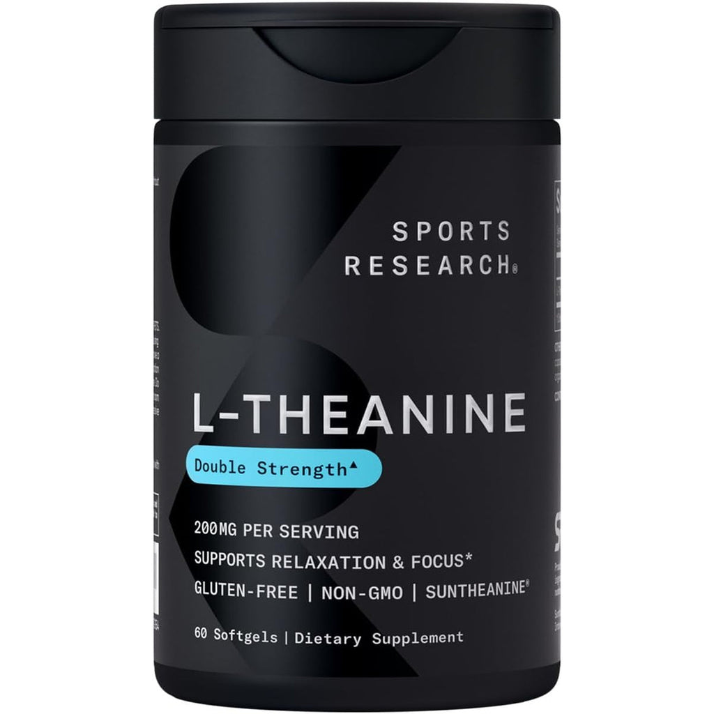 Sports Research Double Strength L-Theanine Supplement - Suntheanine Softgels for Focus, Relaxation & Alertness - Non-Drowsy Support Made with Coconut Oil, Non-Gmo & Gluten Free - 200Mg, 60 Count