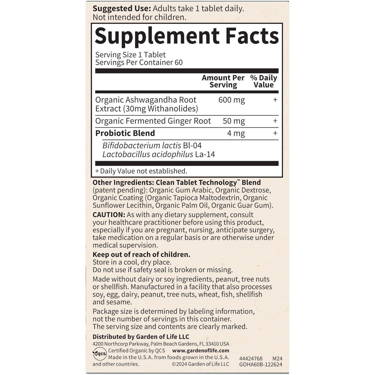 Garden of Life Organic Ashwagandha Supplement with Probiotics & Ginger - Stress, Mood & Energy Support, Vegan, Gluten Free, Non GMO, 2 Month Supply, 60 Tablets