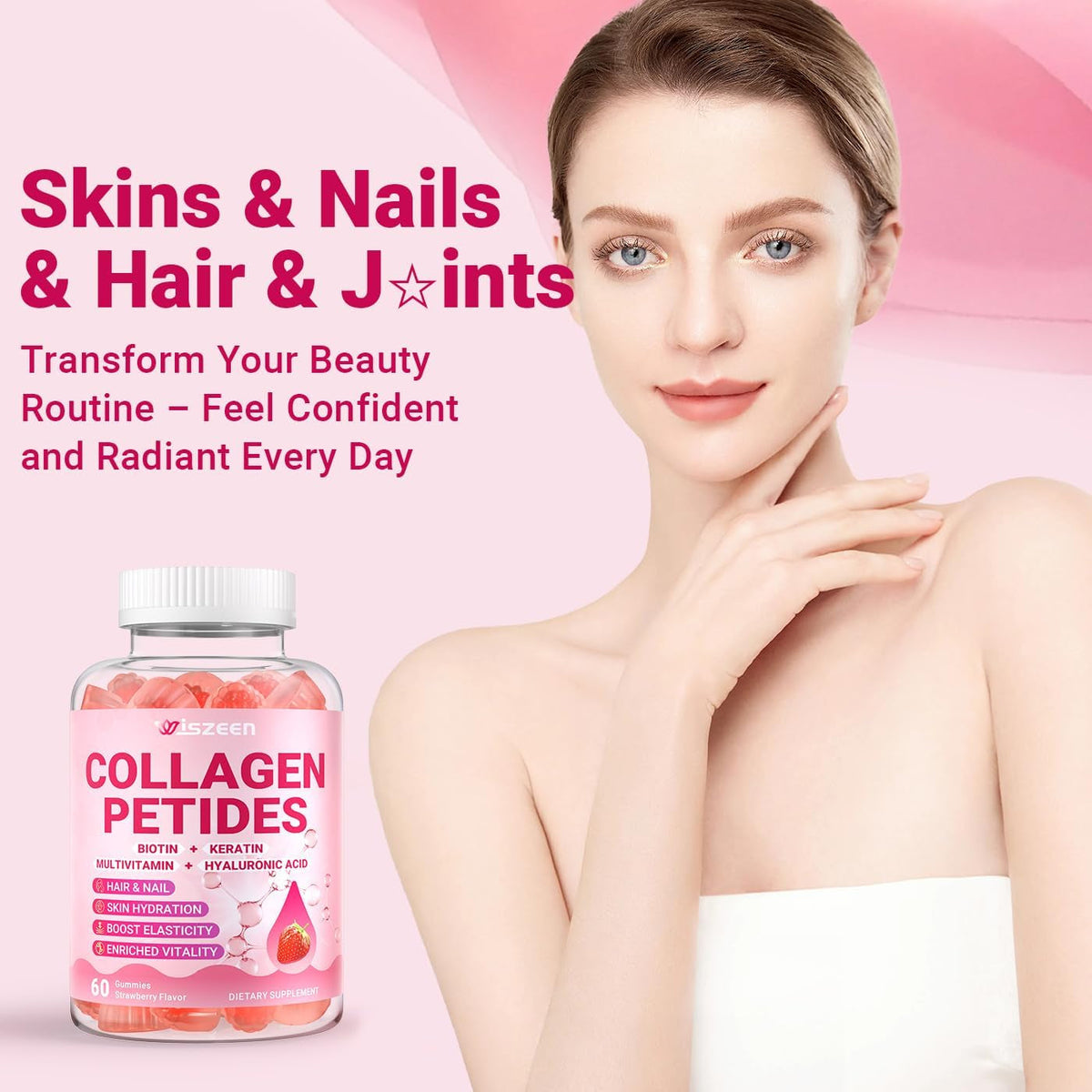Collagen Gummies for Women, Sugar-Free Hydrolyzed Collagen Gummy with Type I, II, III, V, X Collagen Peptides, Biotin, Hyaluronic Acid & Multivitamins, Promote Skin/Hair/Nail/Bones, 120 Cts
