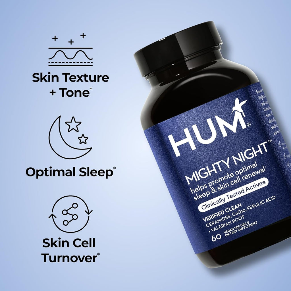 HUM Mighty Night Nighttime Sleep Supplement for Skin Care, Coq10, Valerian Root & Ferulic Acid to Support Cell Turnover, Skin Vitamins for Women and Men, Overnight Beauty Vitamins, 60 Vegan Softgels
