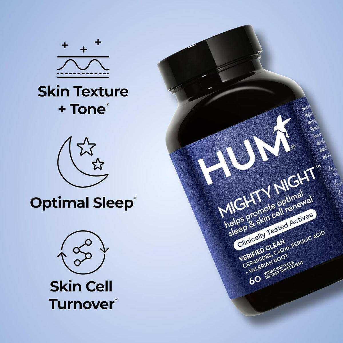 HUM Mighty Night Nighttime Sleep Supplement for Skin Care, Coq10, Valerian Root & Ferulic Acid to Support Cell Turnover, Skin Vitamins for Women and Men, Overnight Beauty Vitamins, 60 Vegan Softgels