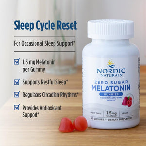 Nordic Naturals Zero Sugar Melatonin Gummies, Raspberry - 60 Gummies - 1.5 Mg Melatonin - Great Taste - Restful Sleep, Antioxidant Support - Non-Gmo, Vegan - 60 Servings