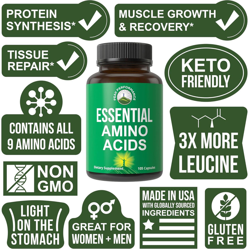 All 9 Essential Amino Acids Supplement. Capsules with 3X More Leucine for Muscle Recovery, Growth. EAA Supplement Better than BCAA / BCAAS Branched Chain Aminos Acid. USA Tested Eaas for Men + Women
