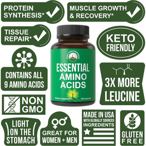 All 9 Essential Amino Acids Supplement. Capsules with 3X More Leucine for Muscle Recovery, Growth. EAA Supplement Better than BCAA / BCAAS Branched Chain Aminos Acid. USA Tested Eaas for Men + Women