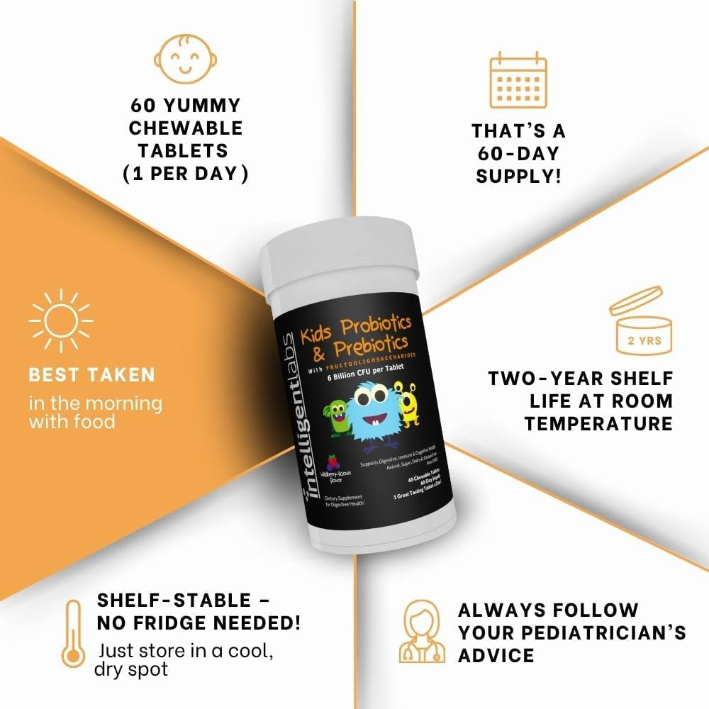 Intelligent Labs Kids/Children Probiotics 6 Billion CFU with Prebiotics, PHGG & FOS, Once-Daily Chewable, Great Taste, 10X Effectiveness, 60-Day Supply, Third-Party Verified