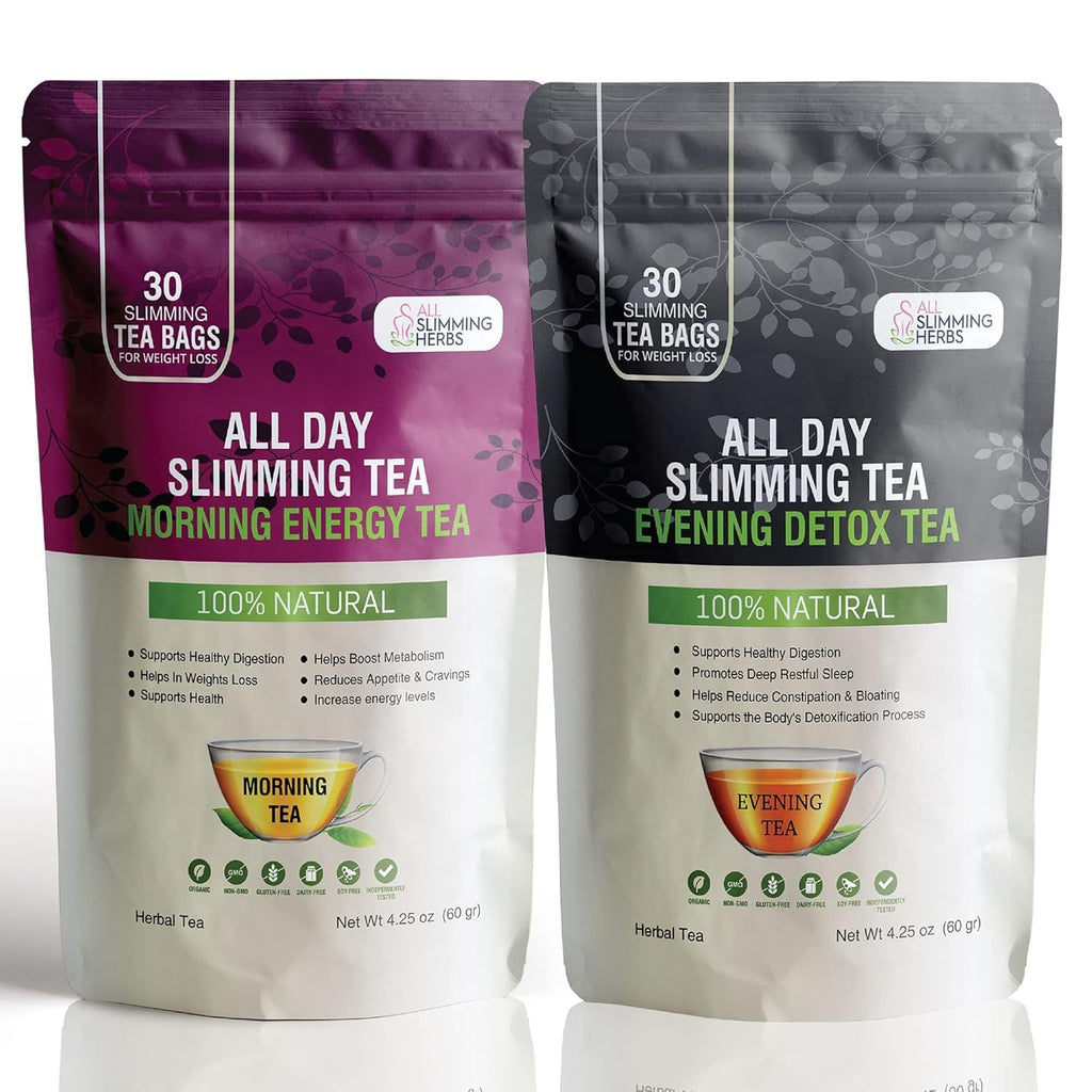 ALL SLIMMING HERBS All Day Slimming Tea for Weight Loss - All Natural 30 Days Detox Teas That Flattens Tummy - Daytime Energy Boost Tea 30 Bags + Evening Detox Tea 30 Bags