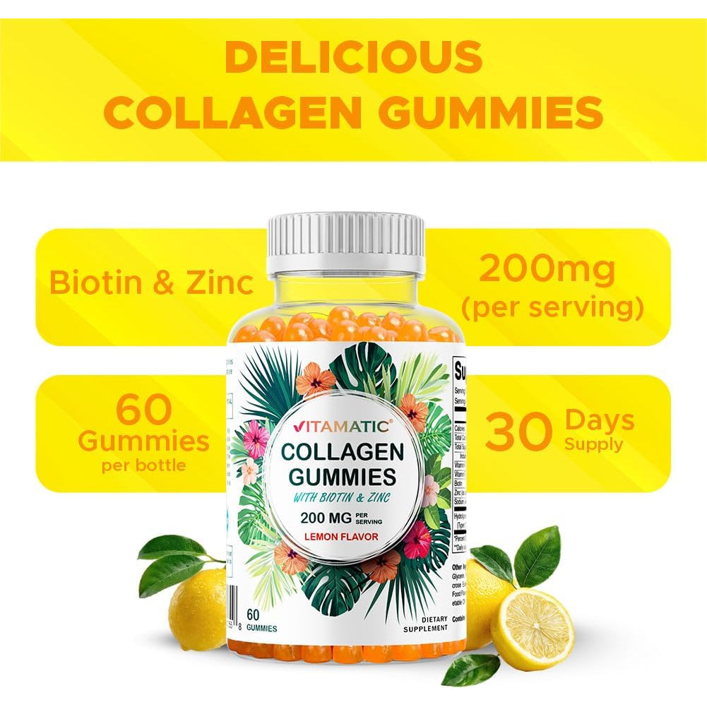Vitamatic Hydrolyzed Collagen Gummies with Vitamin C, Zinc and Biotin, 200 Mg - Healthy Skin Support - 60 Gummies