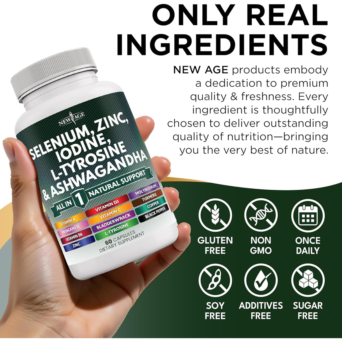 NEW AGE Selenium, Zinc, Iodine, L Tyrosine, Ashwagandha - Supplement for Women and Men with Bladderwrack, Turmeric, Silica Kelp, Schisandra - 120 Count