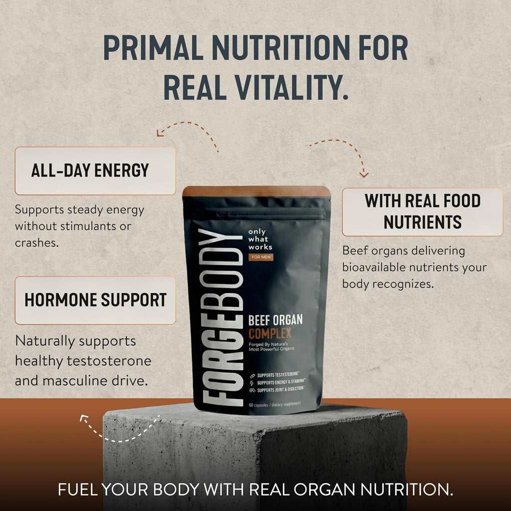 FORGEBODY® Beef Organ Complex Capsules [1 Month] - 100% Grass Fed Beef Organ Supplement with Blend of Liver, Heart, Bone Marrow, Pancreas & Testicles - Supports Body Health & Brain Function (Non-Gmo)