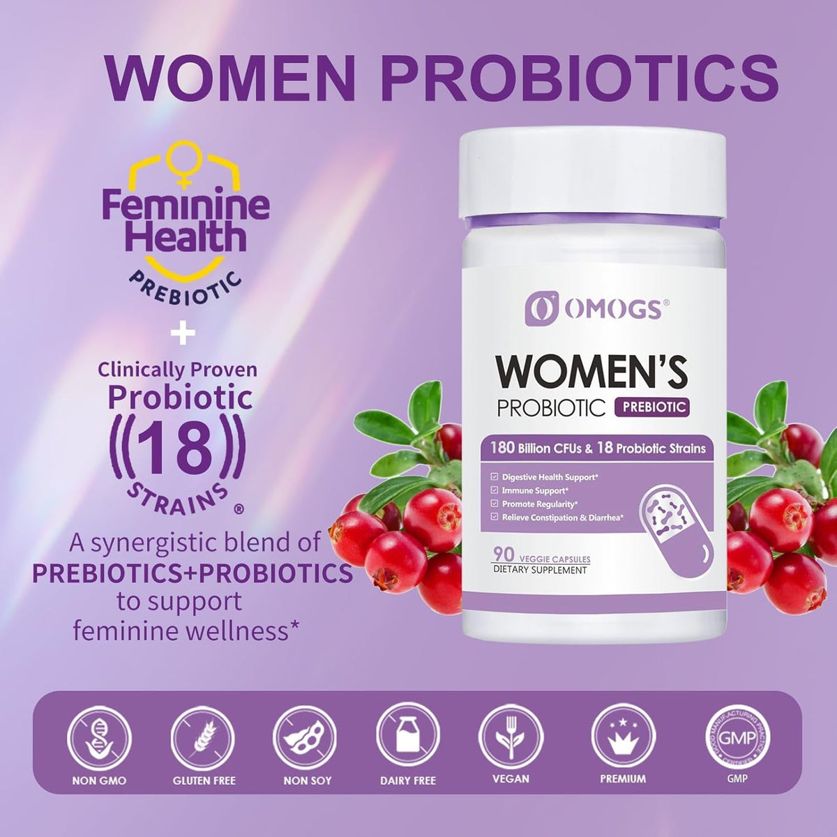 OMOGS Women'S Probiotic 180 Billion Cfus 18 Strains, with Organic Prebiotics, Cranberry Extract, D-Mannose & Digestive Enzymes, for Digestive, Boost Immune, PH Balance & Urethral Health, 90 Capsules