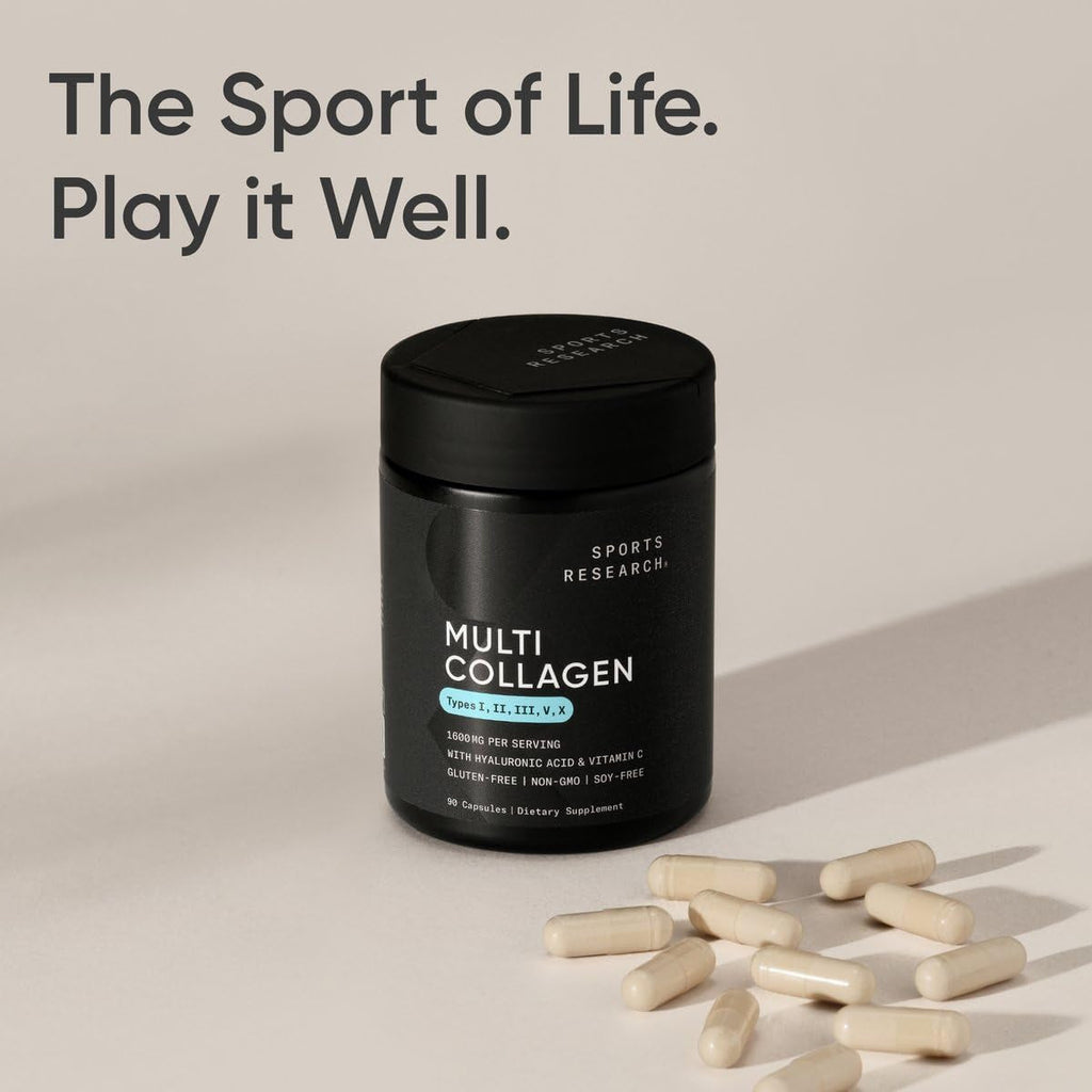Sports Research® Multi Collagen Pills for Women & Men - Collagen Peptides (Type I, II, III, V, X) Enhanced with Hyaluronic Acid & Vitamin C - Gluten Free ­· Non-Gmo - 90 Capsules