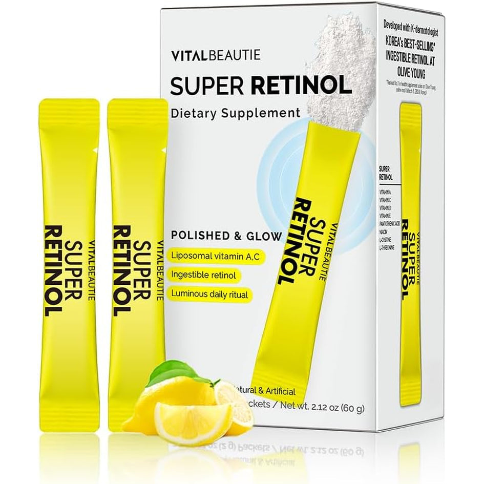 VITALBEAUTIE Super Retinol - Ingestible Liposomal Retinol & Vitamin C 1000Mg Powder - Vegan K-Beauty Skin Supplement for Radiant Glass Skin & Tone, Dark Spot Care, 30 Packets