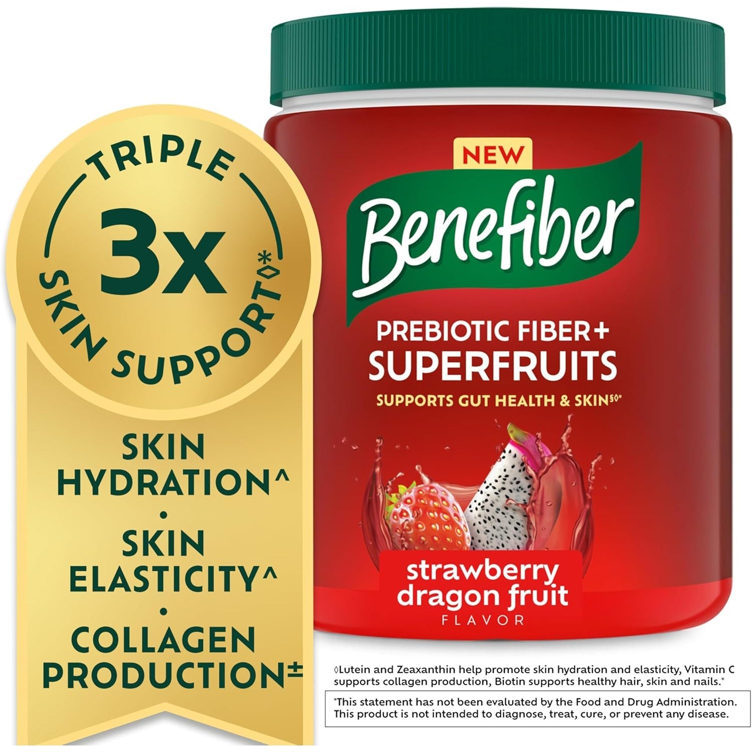 Benefiber Prebiotic GLP-1 Friendly Fiber + Superfruits Dietary Supplement, Strawberry Dragon Fruit Flavor, 8.8 Oz (250G)