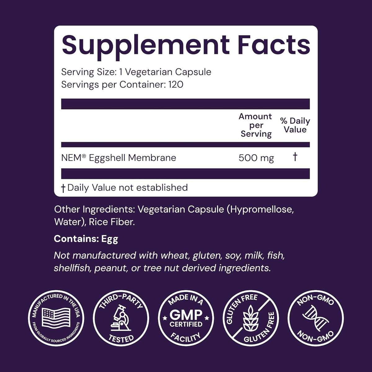 Healthy Origins NEM Eggshell Membrane 500 Mg, 120 Veggie Capsules - Clinically Studied, USA Sourced - Fast-Acting Supplement for Joint Comfort, Flexibility & Mobility - 4 Month Supply