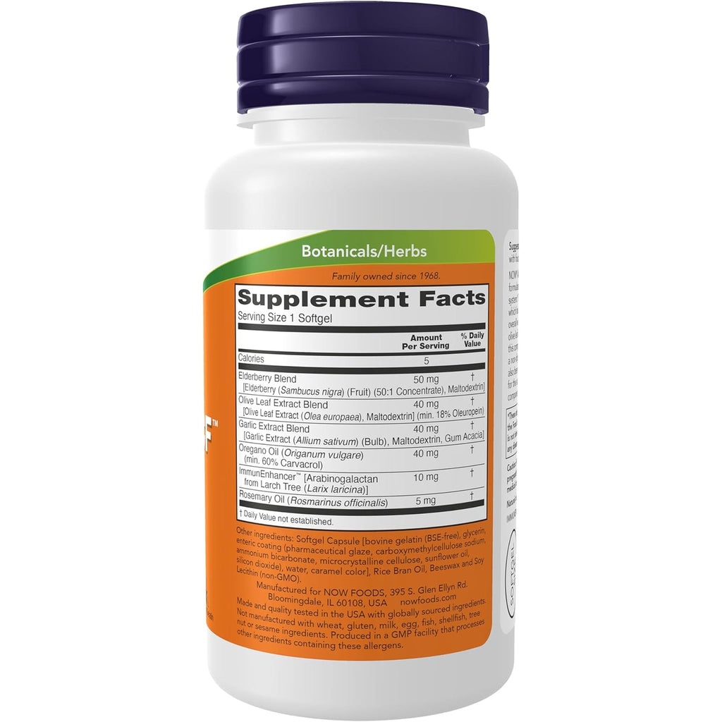 NOW Supplements, Allibiotic CF™, with Garlic Extract, Olive Leaf Extract, Elderberry & Oregano, Non-Drowsy Formula, 60 Softgels