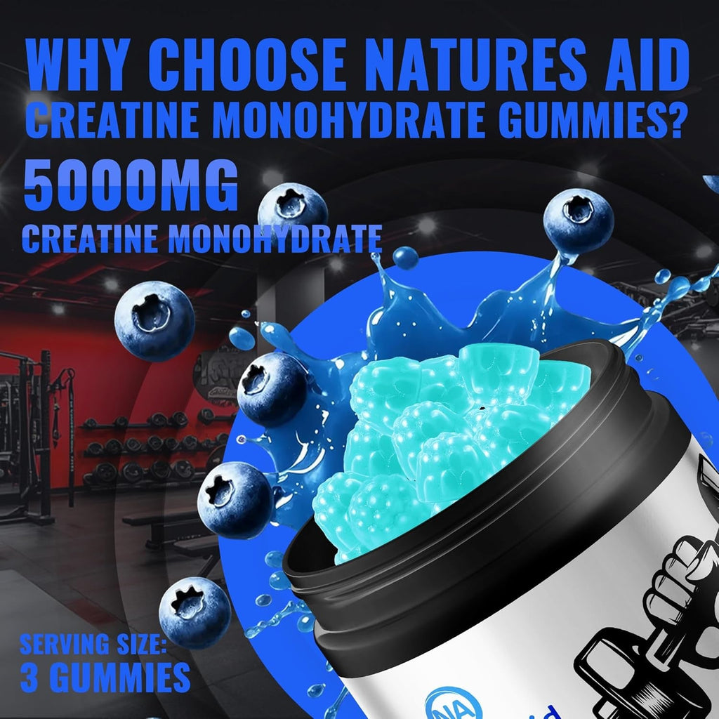 Natures Aid NSF Certified Creatine Gummy 5G - Creatine Monohydrate Gummies – Pre-Workout Energy & Muscle Growth Support for Men & Women | Blueberry Electrolyte Gummies (135 Count)