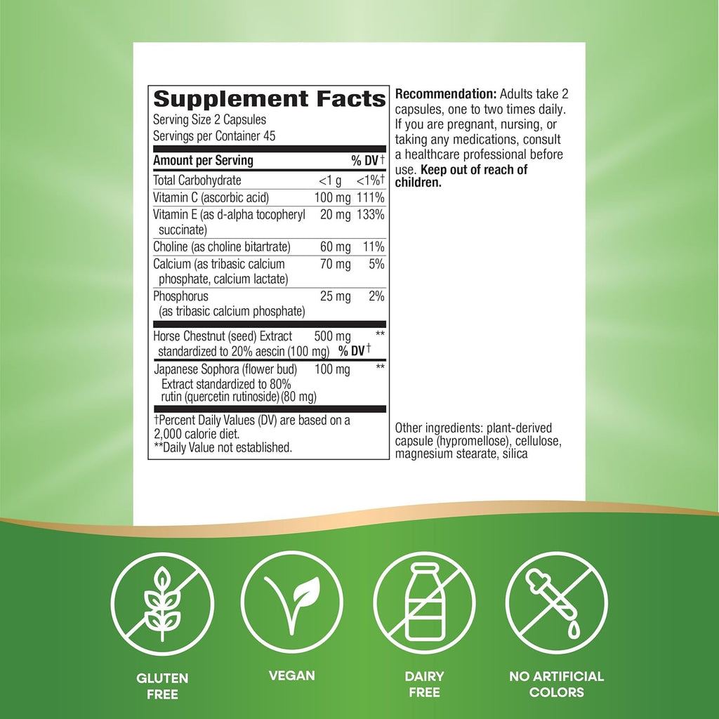 Nature'S Way Premium Hem-Care, Unique Vein Health Blend*, with Vitamins C & E, Choline, Calcium, Phosphorus, Horse Chestnut Extract, and Japanese Sophora Extract, 90 Capsules (Packaging May Vary)
