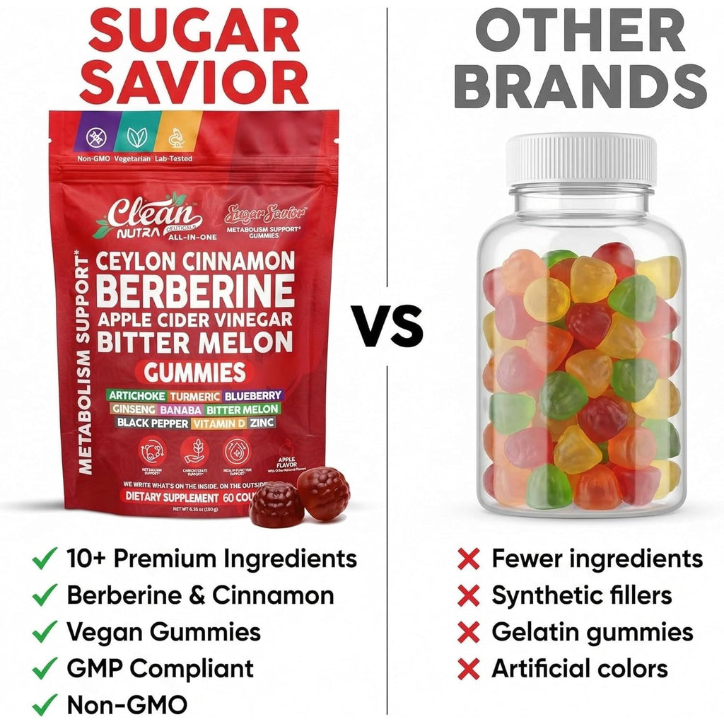 Sugar Savior Ceylon Cinnamon Berberine Gummies Apple Cider Vinegar Artichoke Turmeric Blueberry Ginseng Banaba Bitter Melon Black Pepper Vitamin D Zinc GLP1 Gummies 60 Count by Clean Nutra