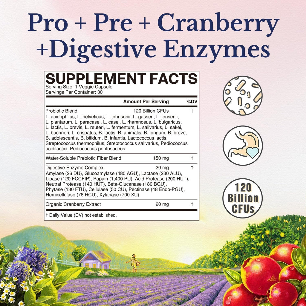 Vitalitown Probiotics for Women 120 Billion Cfus, 30 Strains, with Prebiotics & Digestive Enzymes & Cranberry, Gut & Vaginal Health, Vegan 30 (Pack of 1) Delayed Release Caps