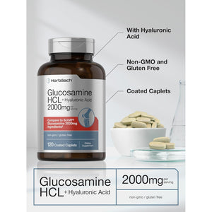 Horbäach Glucosamine HCL | with Hyaluronic Acid | 2000Mg | 120 Coated Caplets | Non-Gmo & Gluten Free Supplement