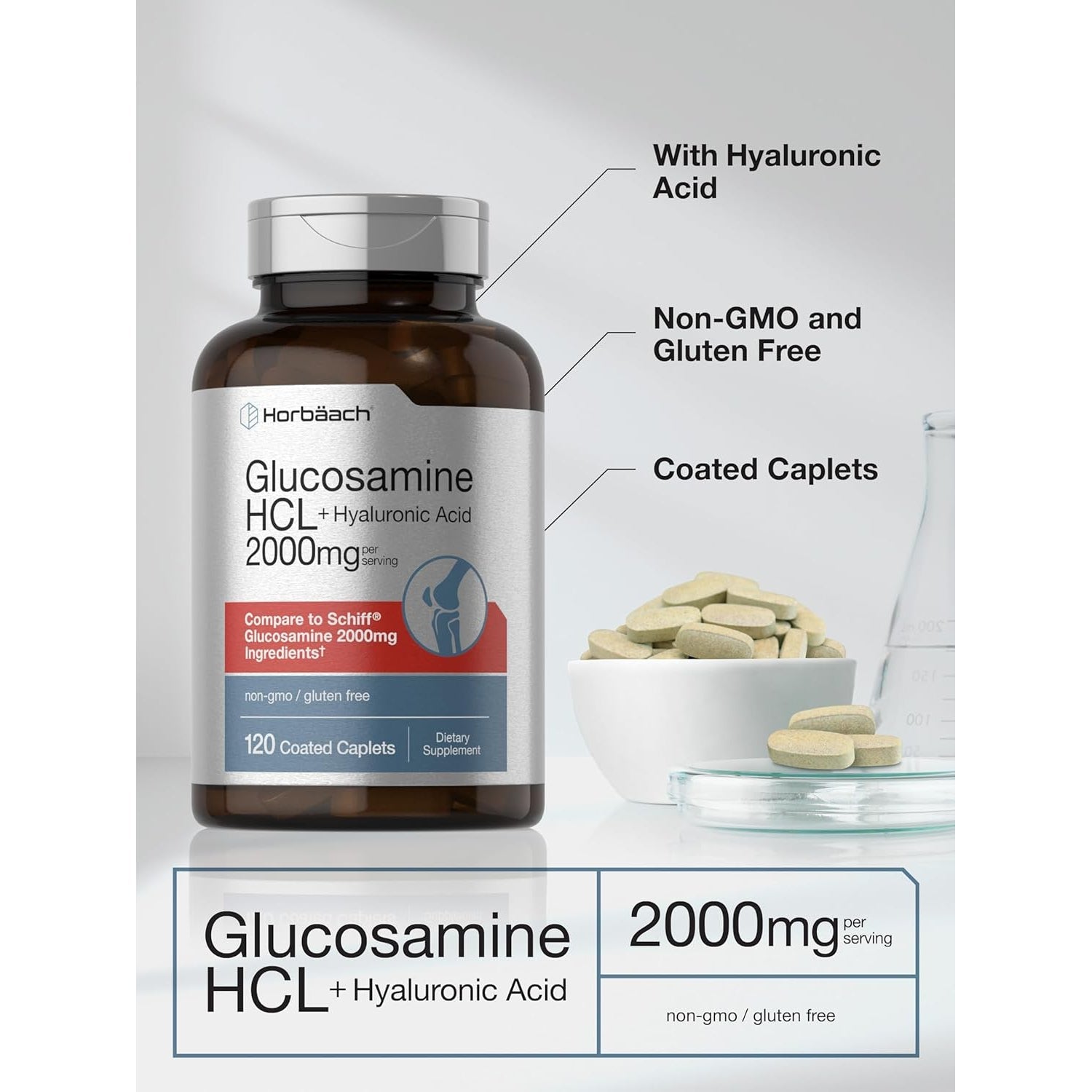Horbäach Glucosamine HCL | with Hyaluronic Acid | 2000Mg | 120 Coated Caplets | Non-Gmo & Gluten Free Supplement