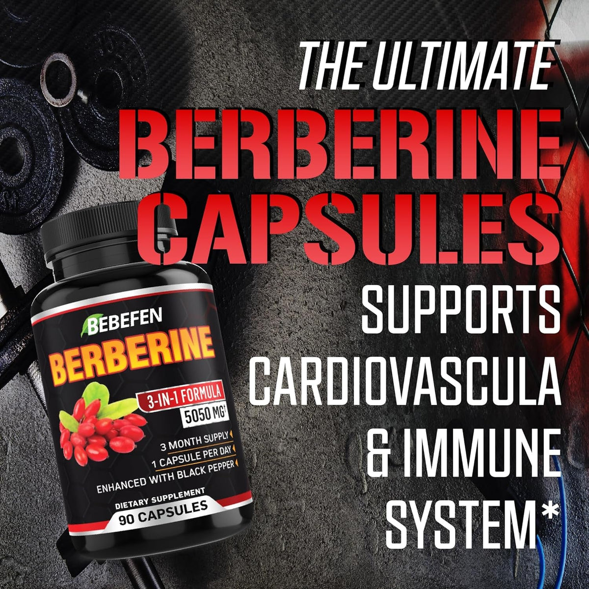 BEBEFEN Berberine Capsules with Black Pepper Extract - 90 Capsules - 3 Month Supply