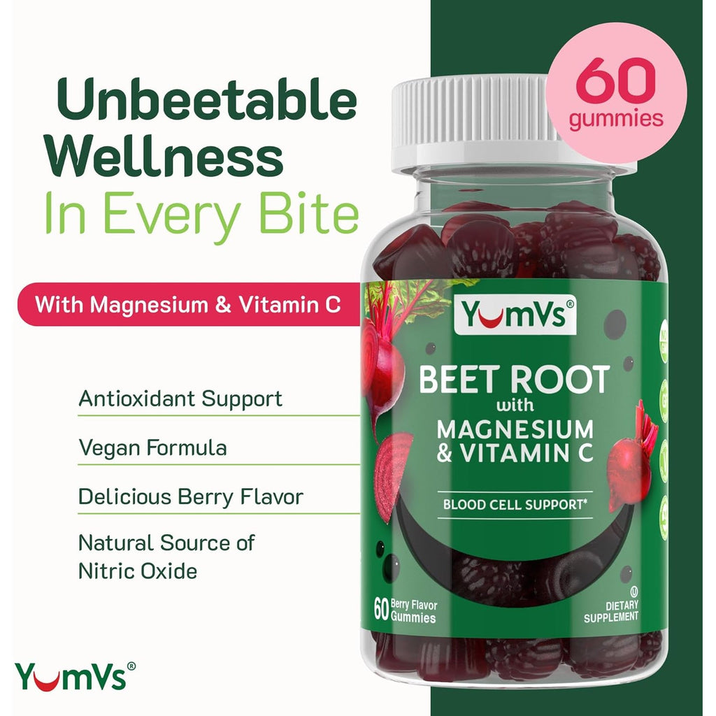 Yumvs Beet Root Gummies with Magnesium & Vitamin C – Berry Flavor Beetroot Gummies – Nitric Oxide Support for Heart Health & Antioxidant Wellness – Vegan, Non-Gmo – 60 Gummies