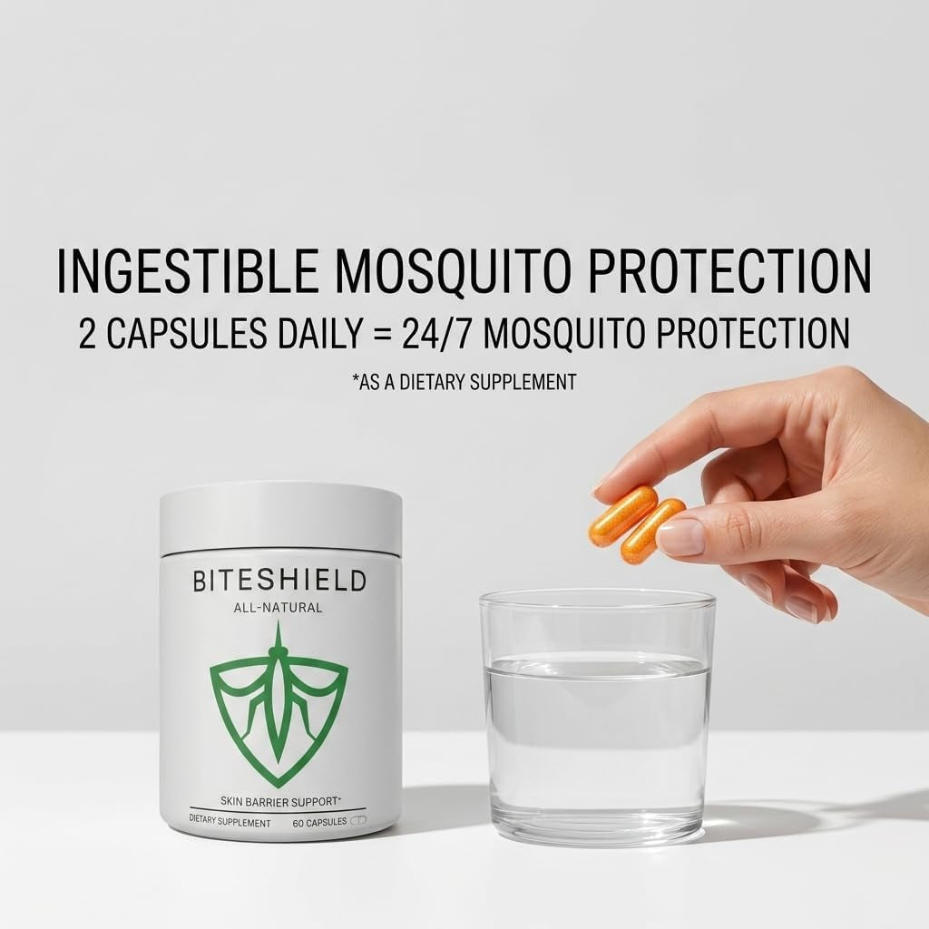 BITESHIELD Mosquito Repellent Pills for Humans — Daily Ingestible Supplement, Plant-Based, 24/7 Protection from Bug Bites — 60 Capsules, No Sprays or DEET