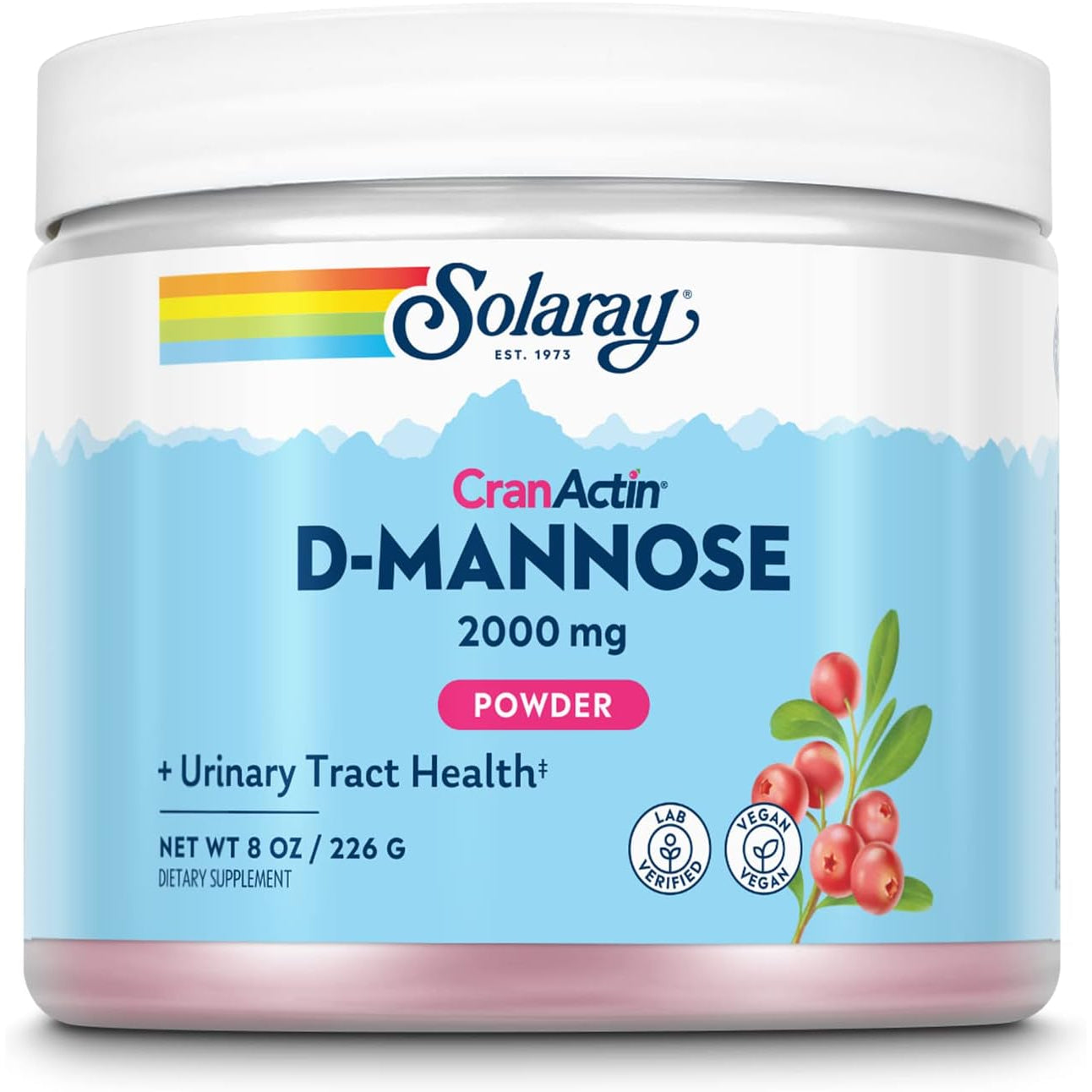SOLARAY D-Mannose with Cranactin Cranberry AF Extract Powder, 2000 Mg, 400 Mg of Cranberry Extract, Healthy Urinary Tract Support, Organic Natural Flavors, 30 Servings, 8 Oz