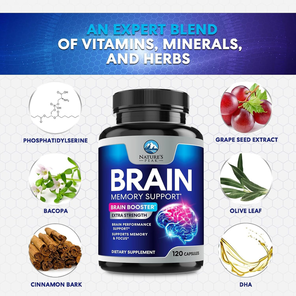 Brain Memory Supplement Pills - 3X Strength Nootropics for Concentration, Clarity & Focus Support - Brain Health Cognitive Vitamins with Bacopa, Phosphatidylserine & DMAE, Brain Booster, 120 Capsules