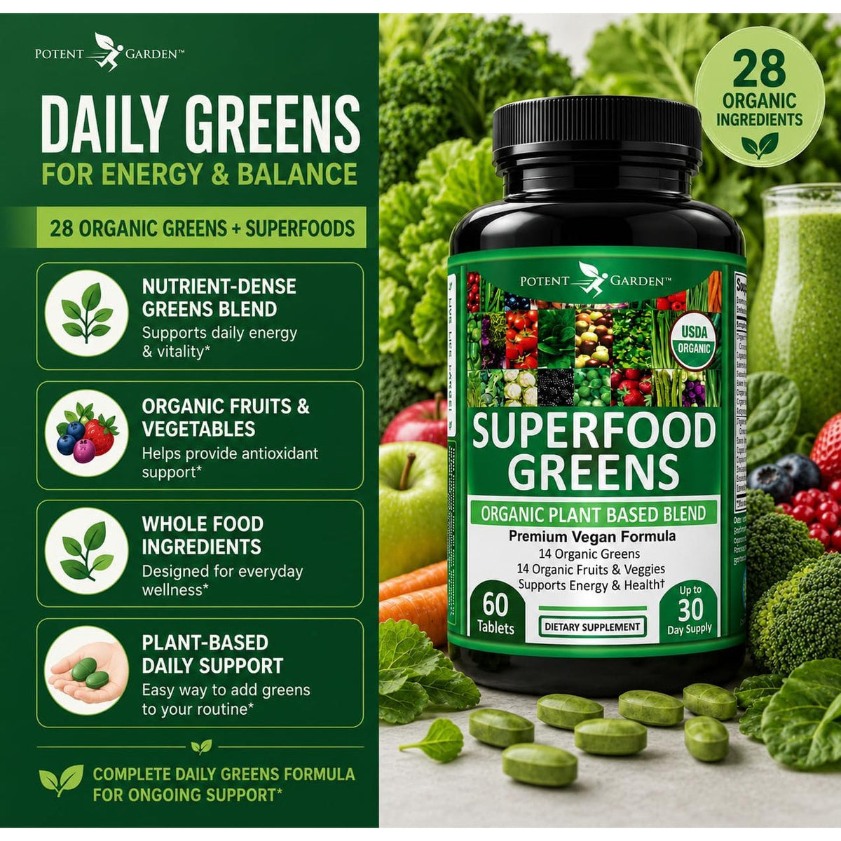 Potent Garden Organic Superfood Greens, Fruit and Veggies Supplement Rich in Vitamins & Antioxidants with Alfalfa, Beet Root & Tart Cherry to Boost Energy, Immunity & Gut Health, Greens Tablets 60 Ct
