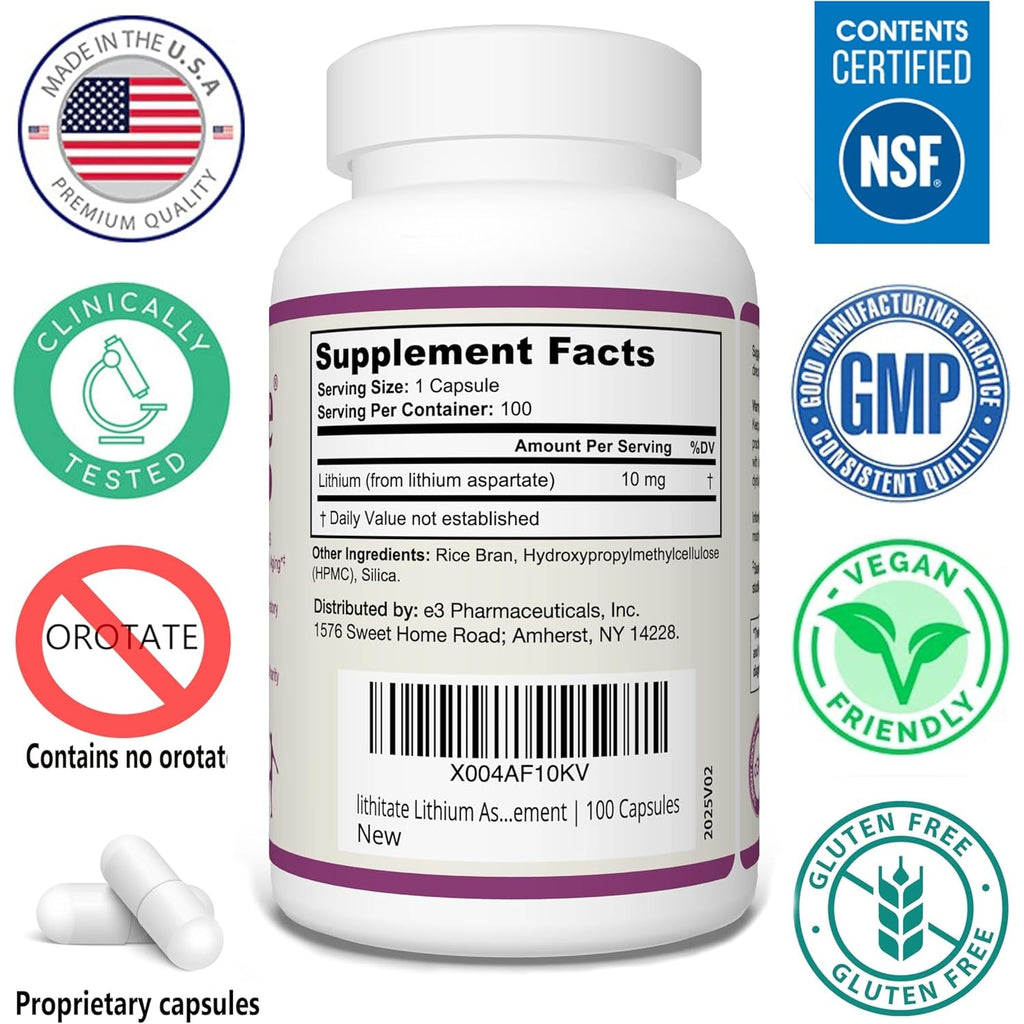 Lithium Aspartate 10Mg | Supports Cognitive Function & Brain Health with Aging | NSF Certified | Promotes Mental Clarity, Healthy Mood & Longevity | Natural Supplement | 100 Capsules