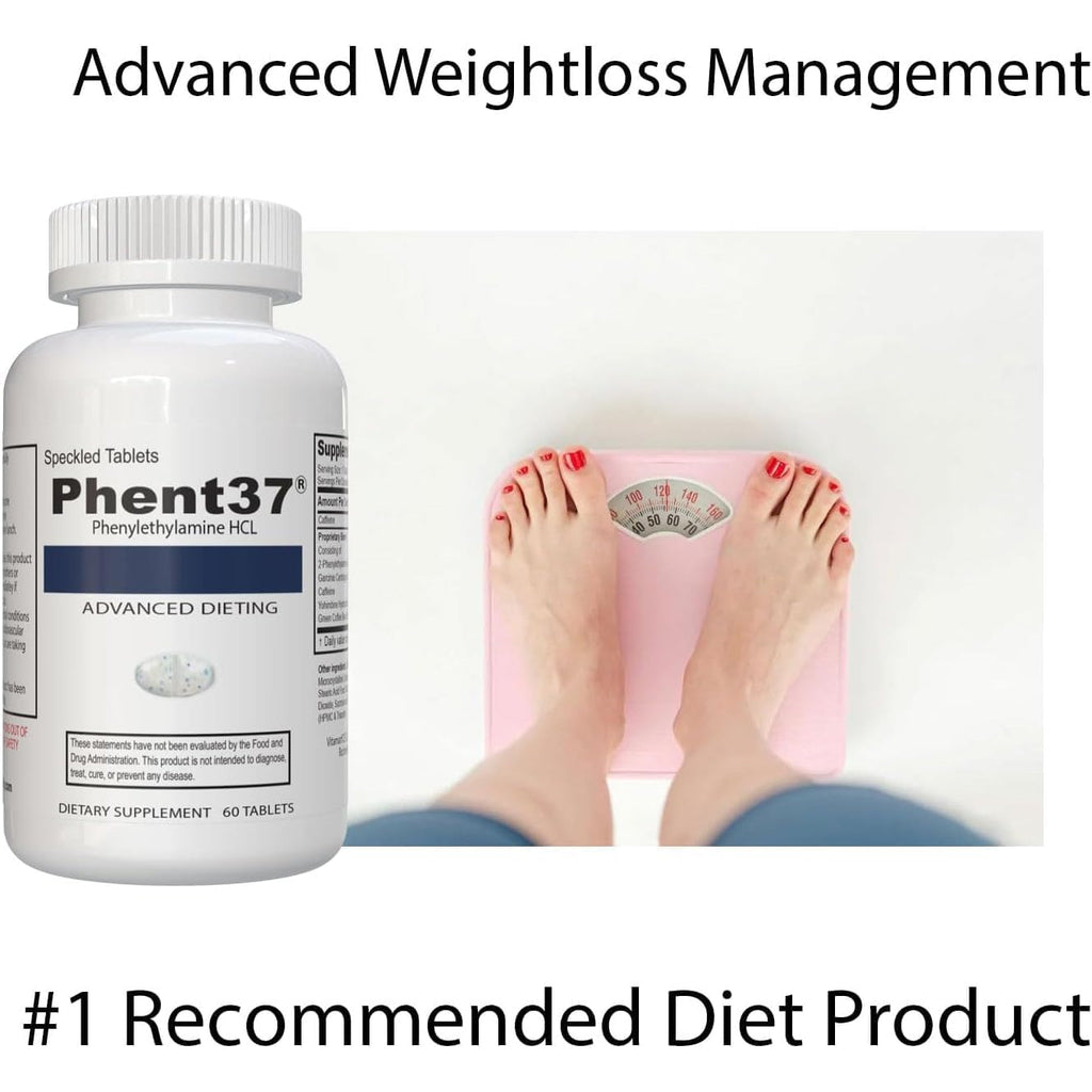 Phent37 (1 Bottle - 60 Speckled Tablets) - Advanced Phenylethylamine HCL Dietary Nutraceutical, Premium Small White and Blue Tablets, Boost Metabolism, Weight Management for Men and Women