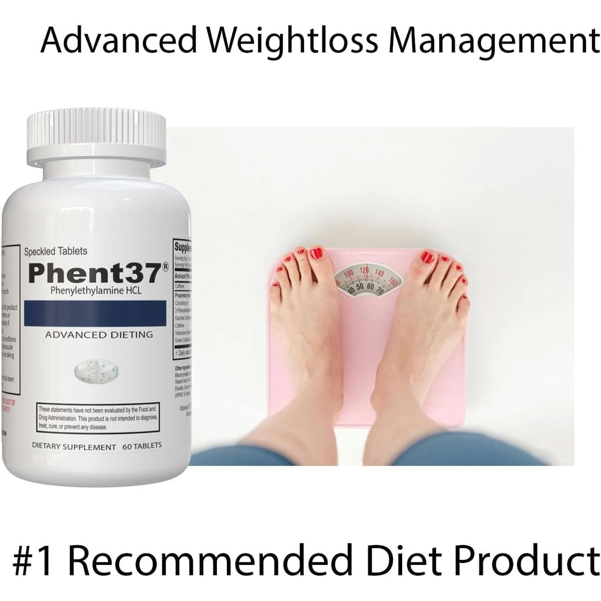 Phent37 (1 Bottle - 60 Speckled Tablets) - Advanced Phenylethylamine HCL Dietary Nutraceutical, Premium Small White and Blue Tablets, Boost Metabolism, Weight Management for Men and Women