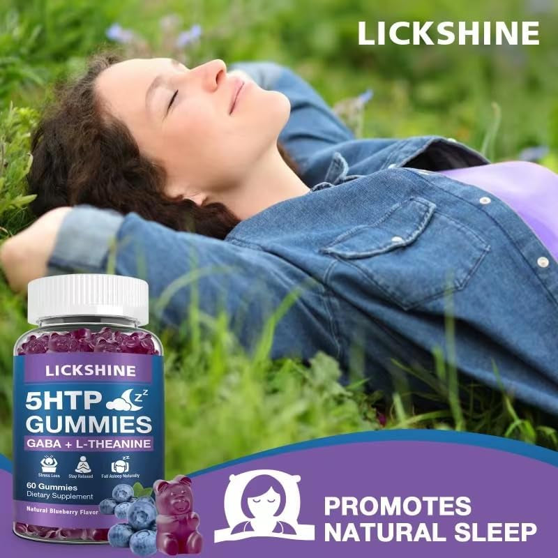 2 Pack 300MG 5-HTP GABA Sleep Supplement Gummies with 200Mg L-Theanine Supplement for Brain, Mood Stabilizer and Sleep Support, Melatonin-Free, Omega 3-6-9 for Natural Zzzs, Blueberry Flavor